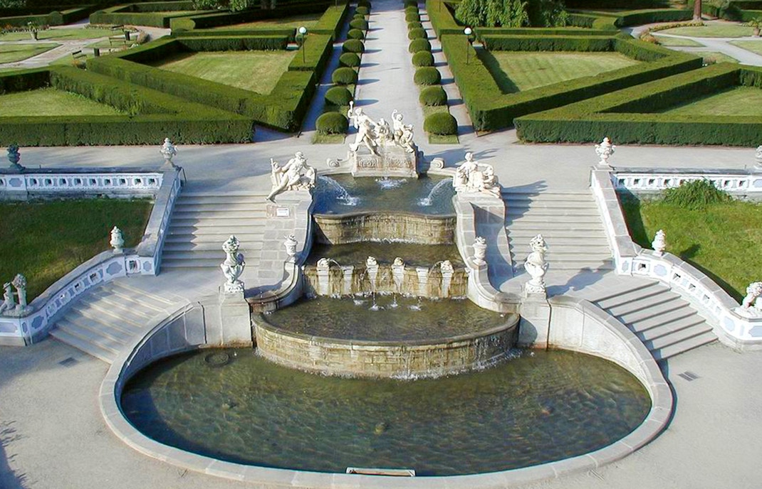 Sculptures and fountains in the gardens of Cesky Krumlov Castle.