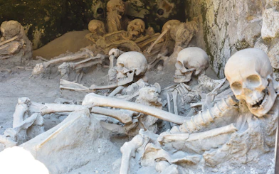 Skeletons preserved in ash at Herculaneum archaeological site near Naples, Italy.