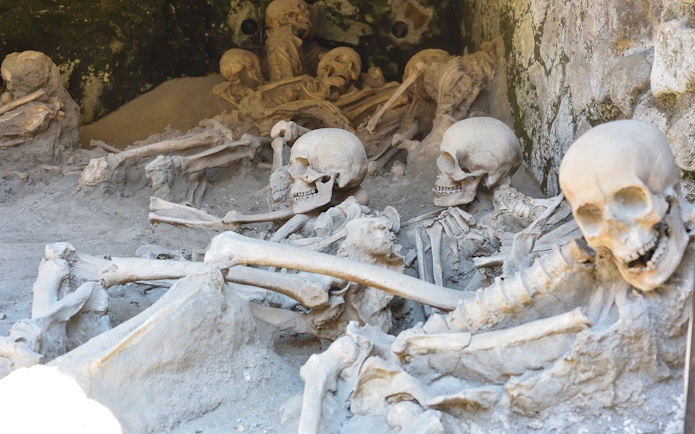 Skeletons preserved in ash at Herculaneum archaeological site near Naples, Italy.