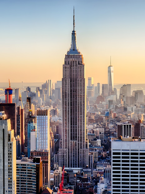 Aerial view of New York City skyline featuring the Empire State Building.
