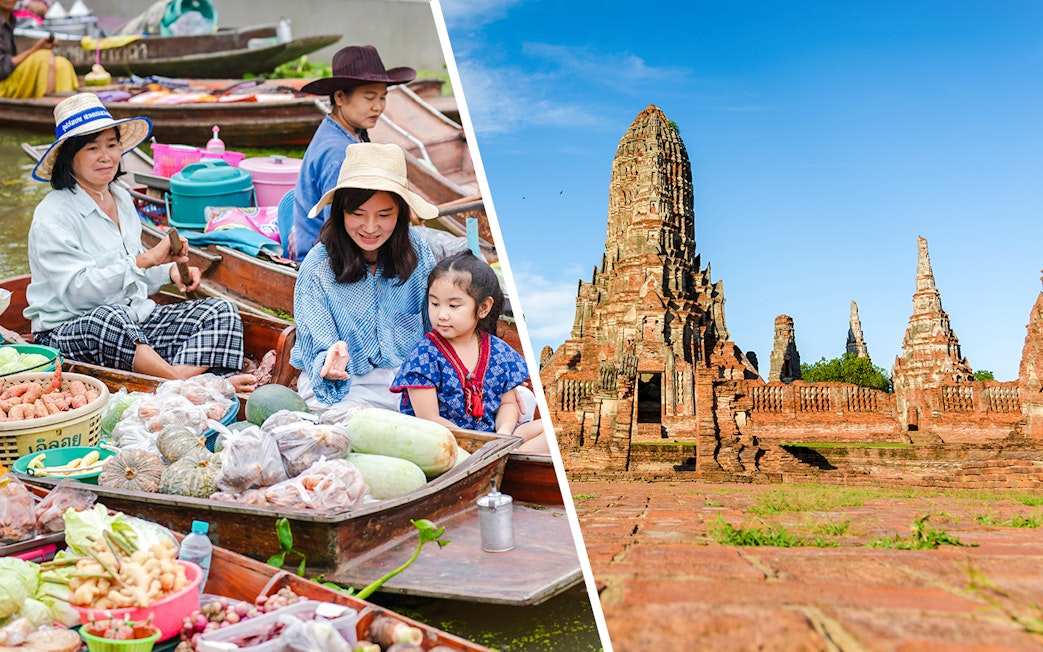 Damnoen Saduak Floating Market vendors and Ayutthaya temple ruins on a guided tour.