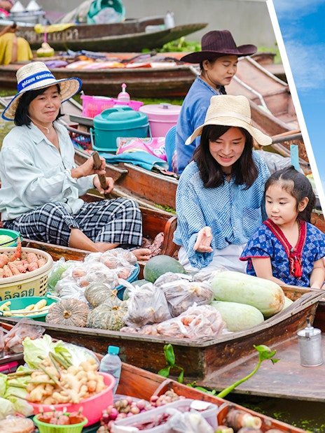 Damnoen Saduak Floating Market vendors and Ayutthaya temple ruins on a guided tour.