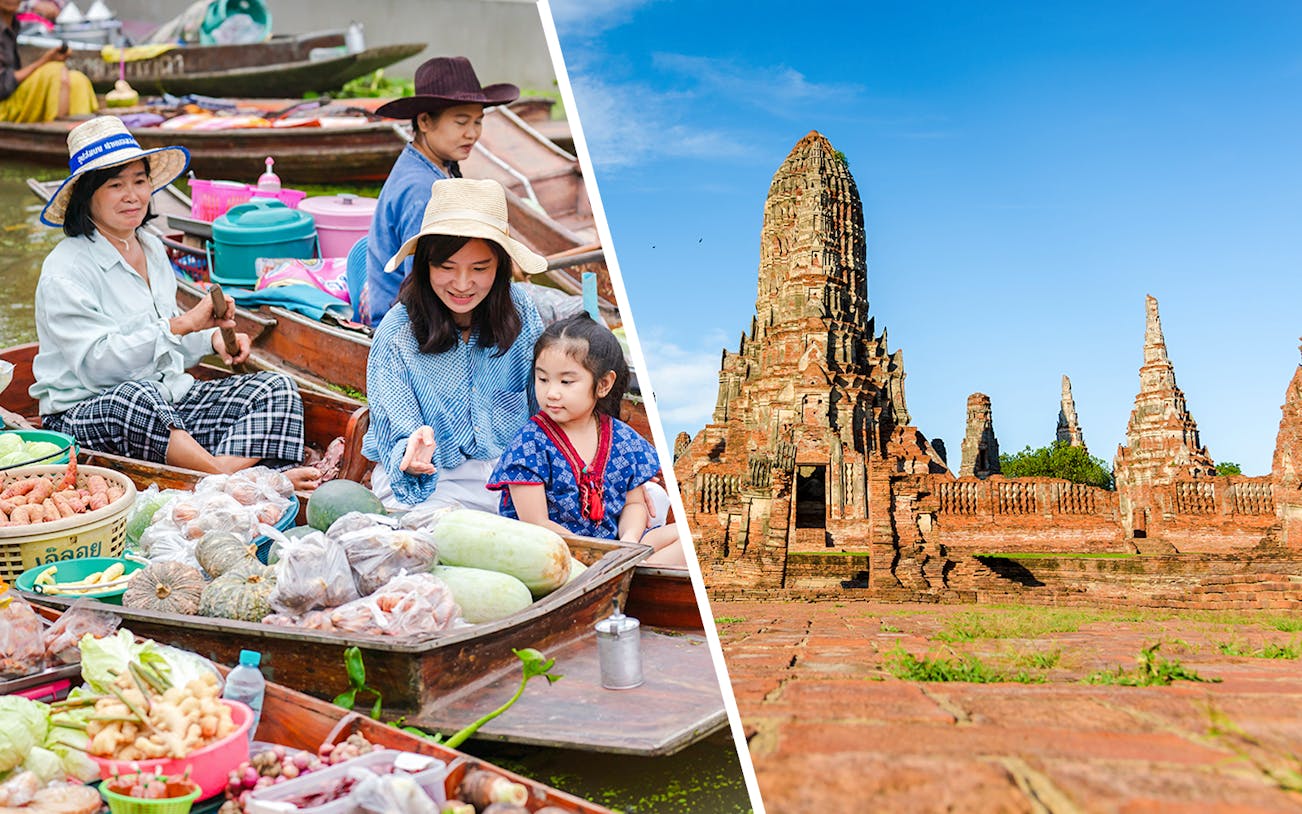Damnoen Saduak Floating Market vendors and Ayutthaya temple ruins on a guided tour.