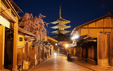 Yasaka Pagoda illuminated at night from Higashiyama District street, Kyoto.