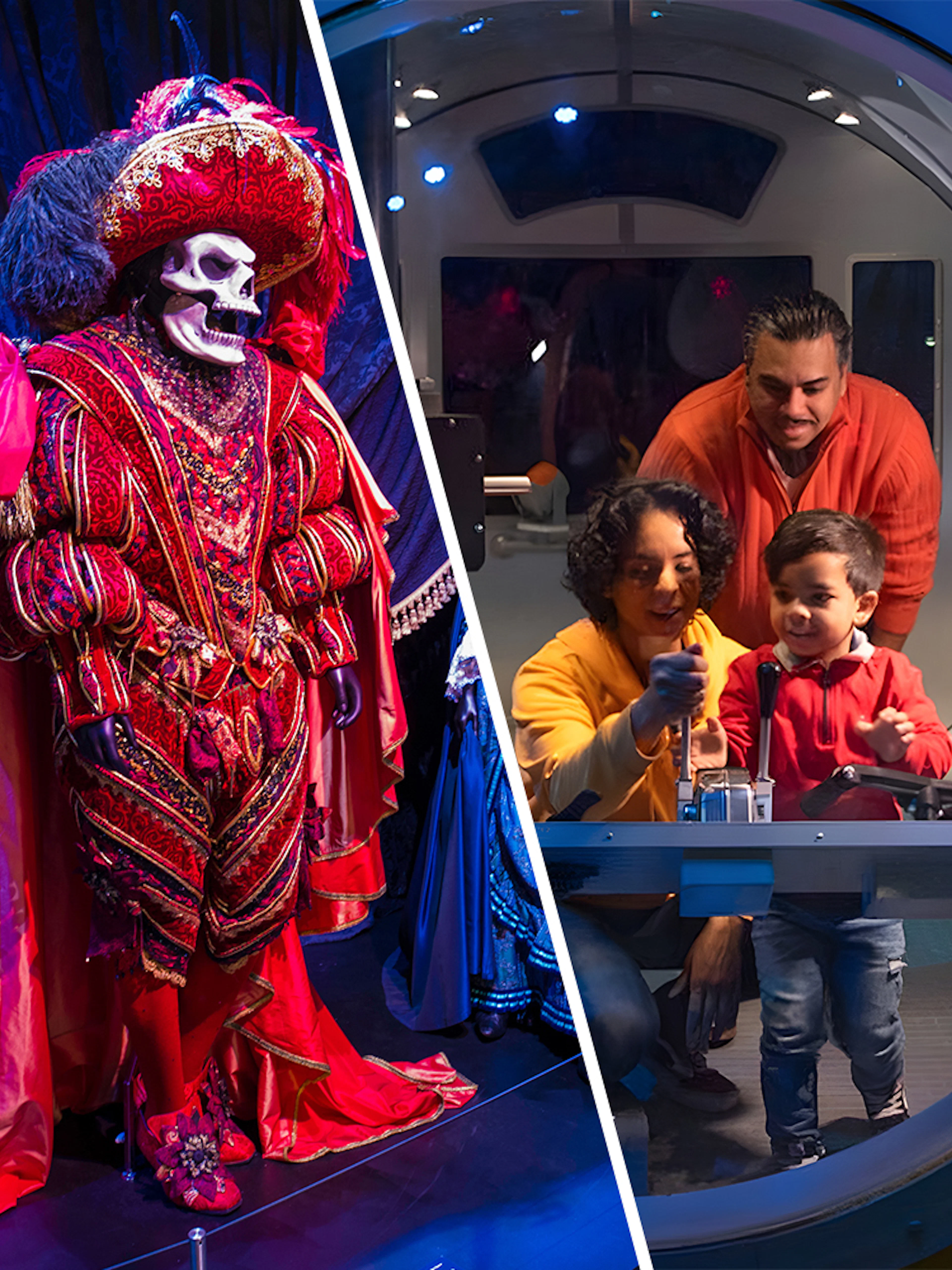 Museum of Broadway costume display and family exploring New York Aquarium exhibit.