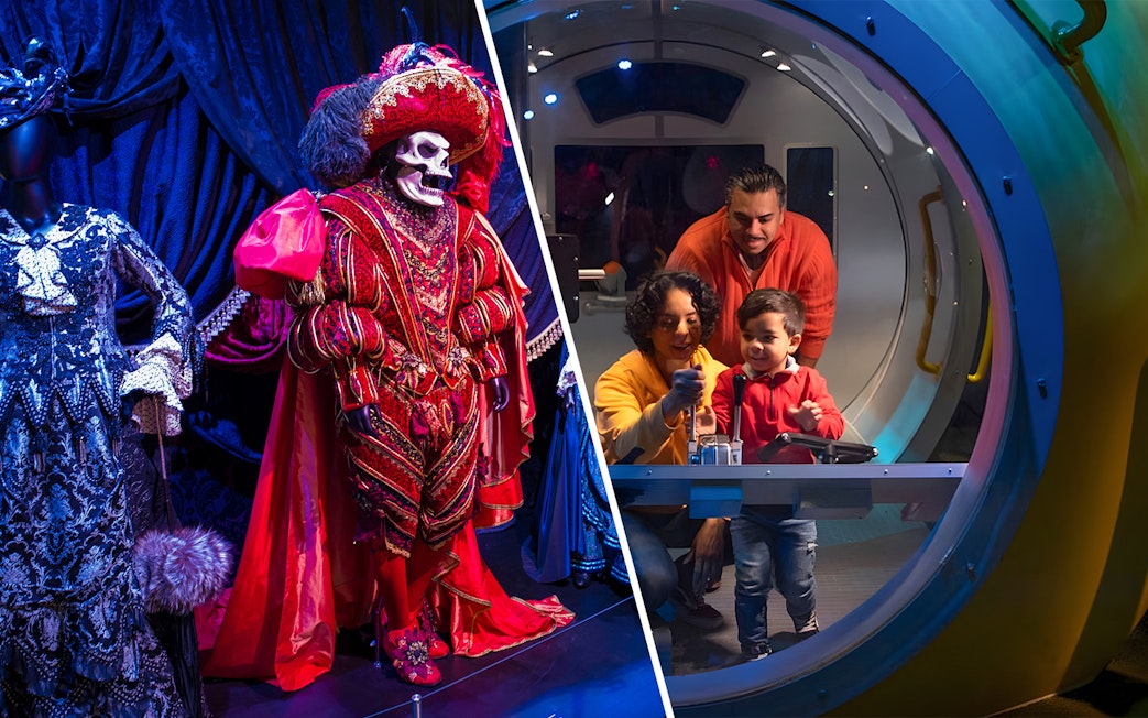 Museum of Broadway costume display and family exploring New York Aquarium exhibit.