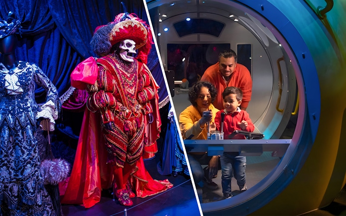 Museum of Broadway costume display and family exploring New York Aquarium exhibit.