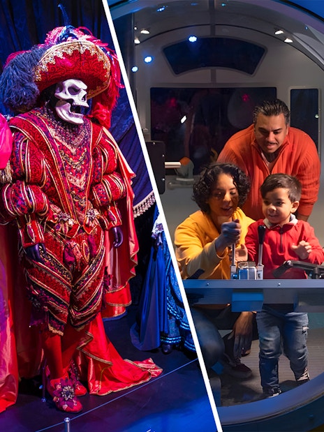 Museum of Broadway costume display and family exploring New York Aquarium exhibit.