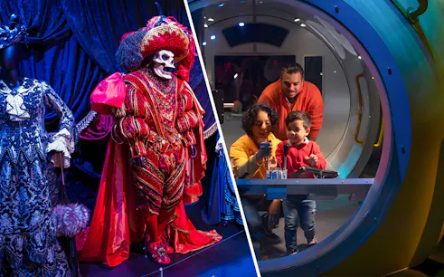 Museum of Broadway costume display and family exploring New York Aquarium exhibit.