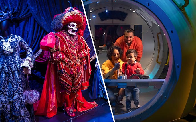Museum of Broadway costume display and family exploring New York Aquarium exhibit.