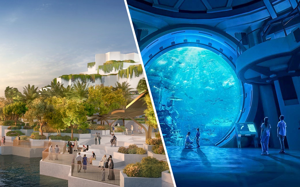 National History Museum Abu Dhabi exterior at sunset with visitors exploring gardens.