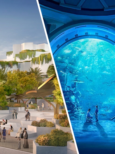 National History Museum Abu Dhabi exterior at sunset with visitors exploring gardens.