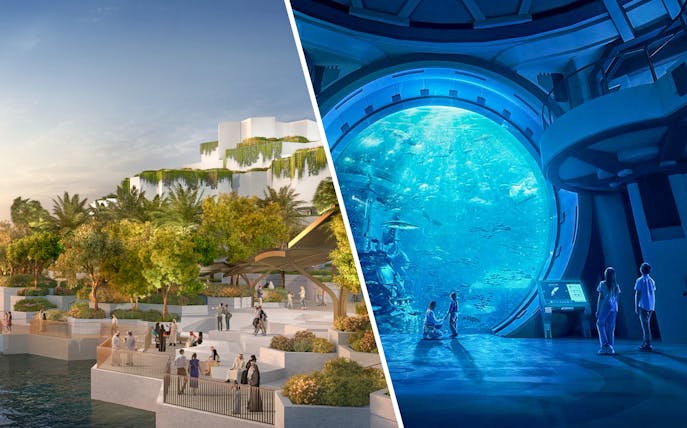 National History Museum Abu Dhabi exterior at sunset with visitors exploring gardens.