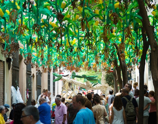 Colorful street decorations at Gracia Festival, Barcelona, Spain.