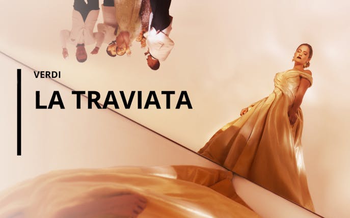 La Traviata performance poster with elegant woman in gown, Sydney Opera House.
