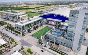 Aerial view of The Star complex in Frisco, Texas, featuring practice fields and surrounding buildings.