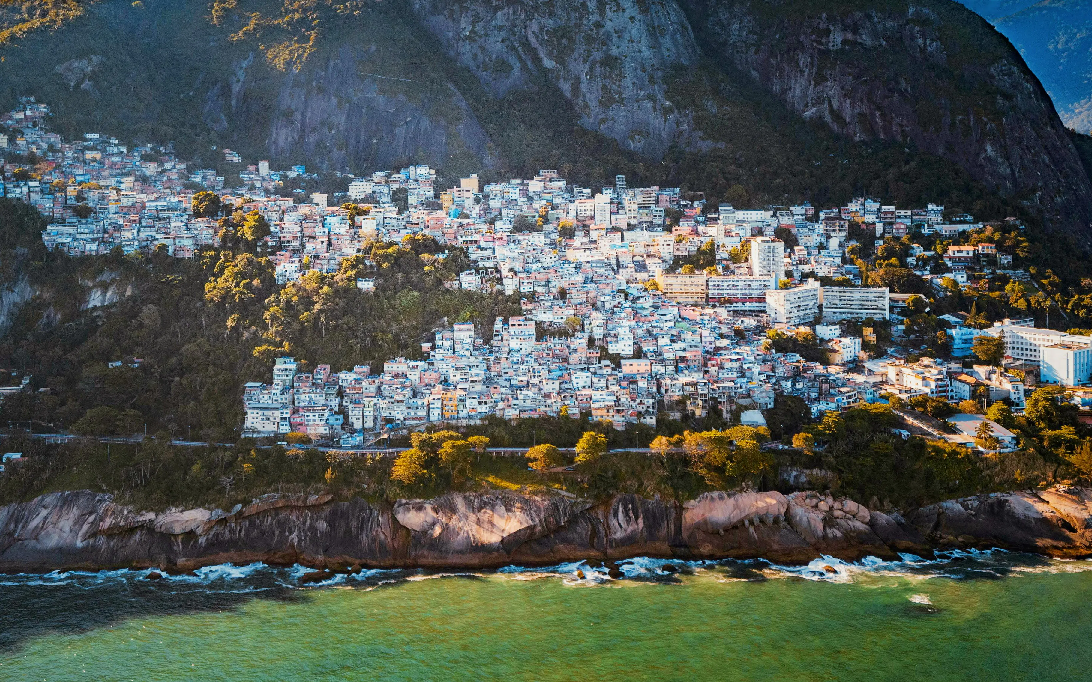 Aerial view of Vidigal favela in Rio de Janeiro from a helicopter.