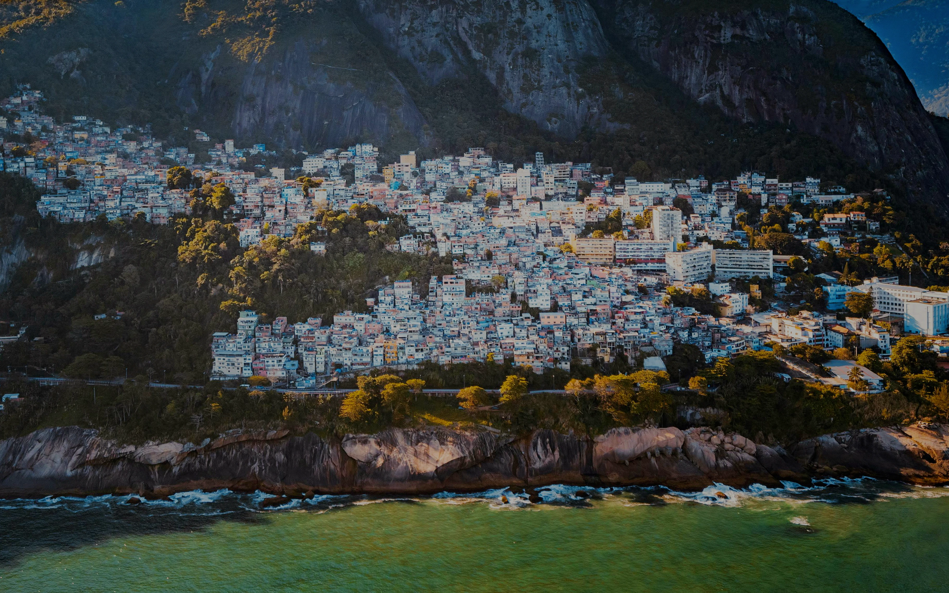 Aerial view of Vidigal favela in Rio de Janeiro from a helicopter.