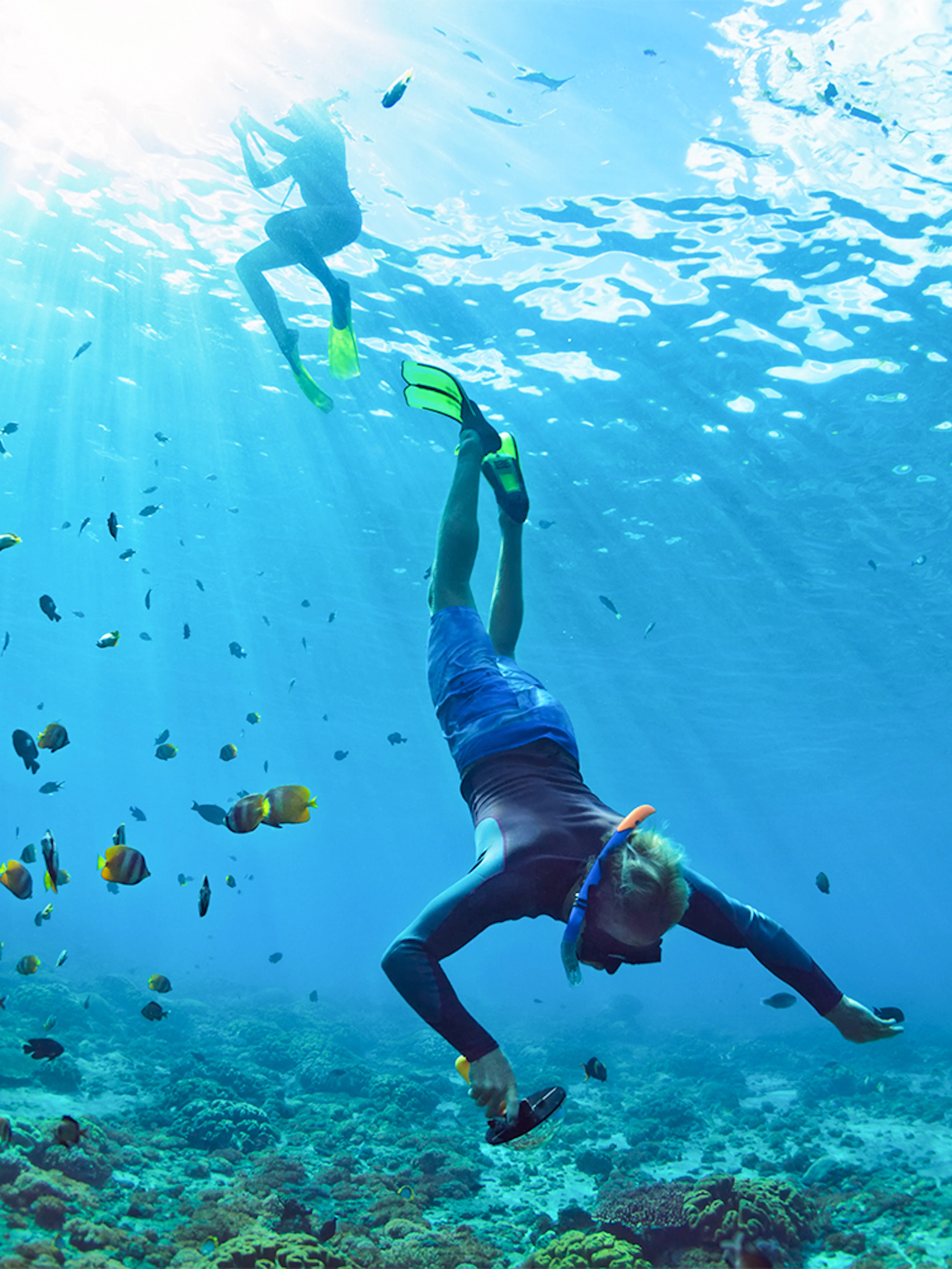 Snorkeler exploring coral reef with fish in Lanaʻi, Hawaii.