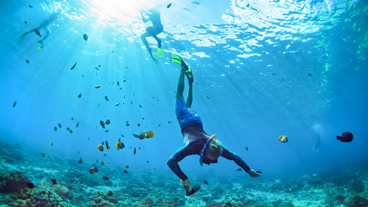 Snorkeler exploring coral reef with fish in Lanaʻi, Hawaii.