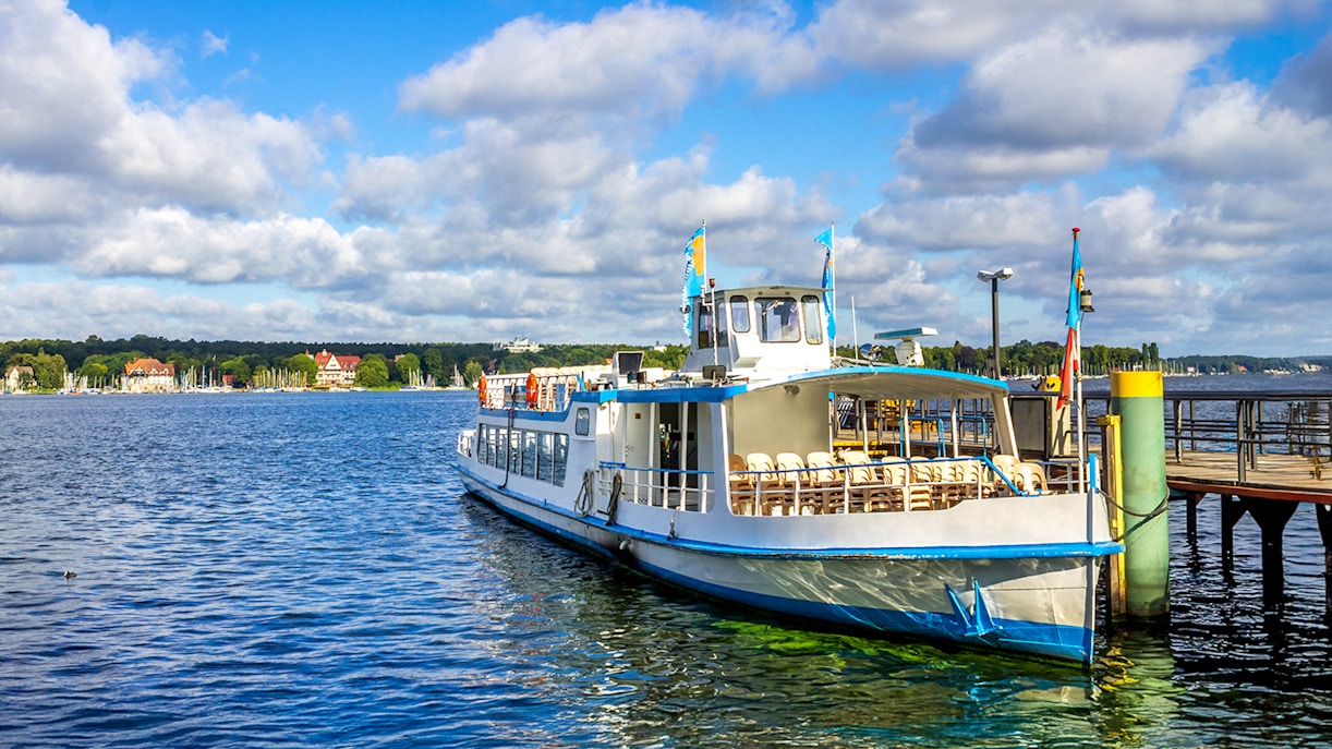 Cruise boat docked at Wannsee, Berlin, for the Seven Lakes Tour.
