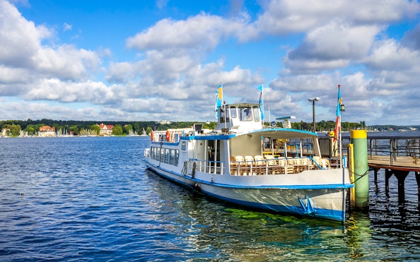 Cruise boat docked at Wannsee, Berlin, for the Seven Lakes Tour.