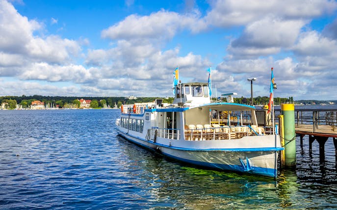 Cruise boat docked at Wannsee, Berlin, for the Seven Lakes Tour.