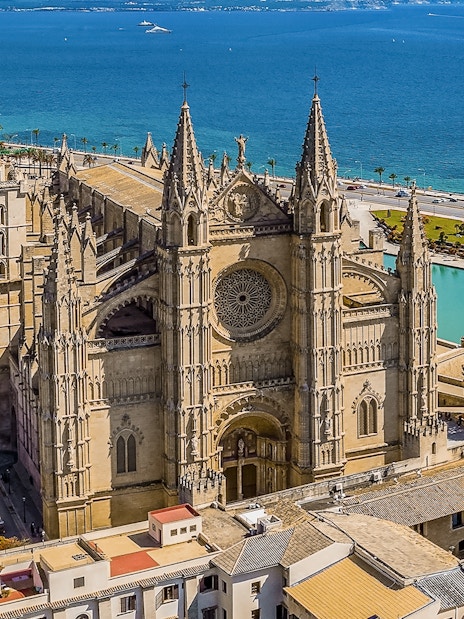 Cathedral of Majorca with terraces overlooking the sea in Palma, Spain.