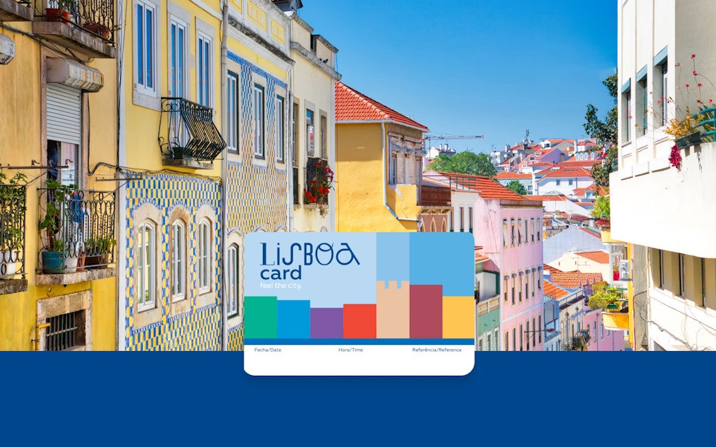 Lisbon Card with colorful cityscape of Lisbon's historic buildings in the background.