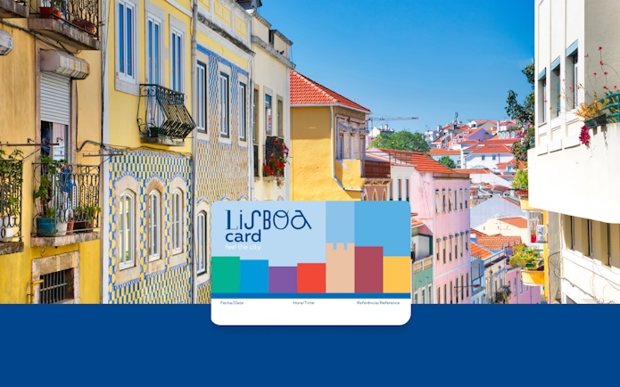 Lisbon Card with colorful cityscape of Lisbon's historic buildings in the background.