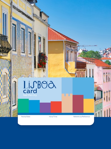 Lisbon Card with colorful cityscape of Lisbon's historic buildings in the background.