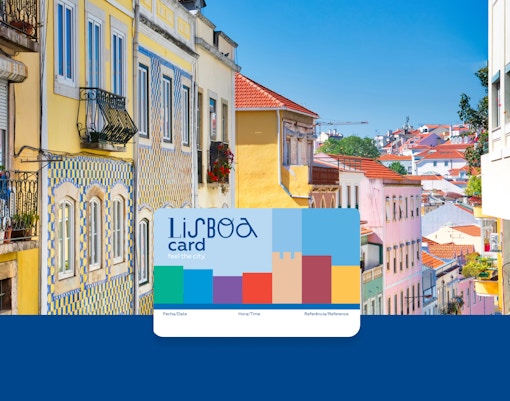 Lisbon Card with colorful cityscape of Lisbon's historic buildings in the background.