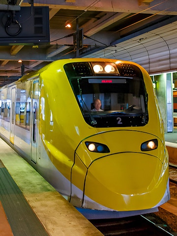 Arlanda Express train at a station platform in Stockholm, Sweden.