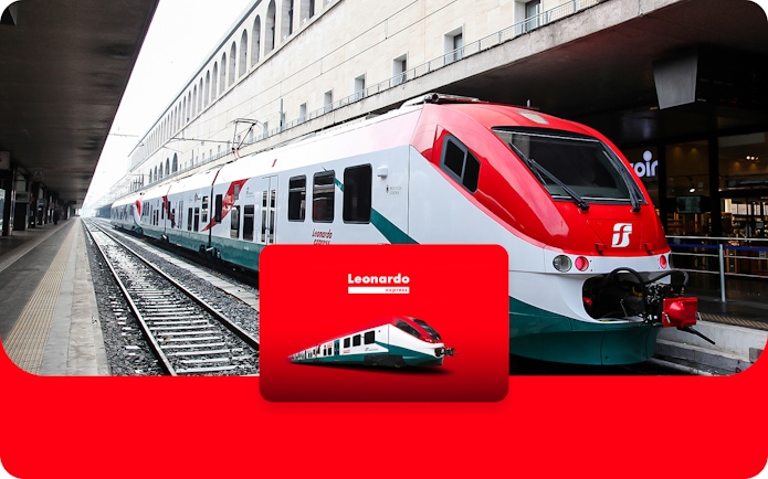 Leonardo Express train at Rome station platform, connecting to Fiumicino Airport.