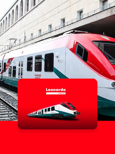 Leonardo Express train at Rome station platform, connecting to Fiumicino Airport.