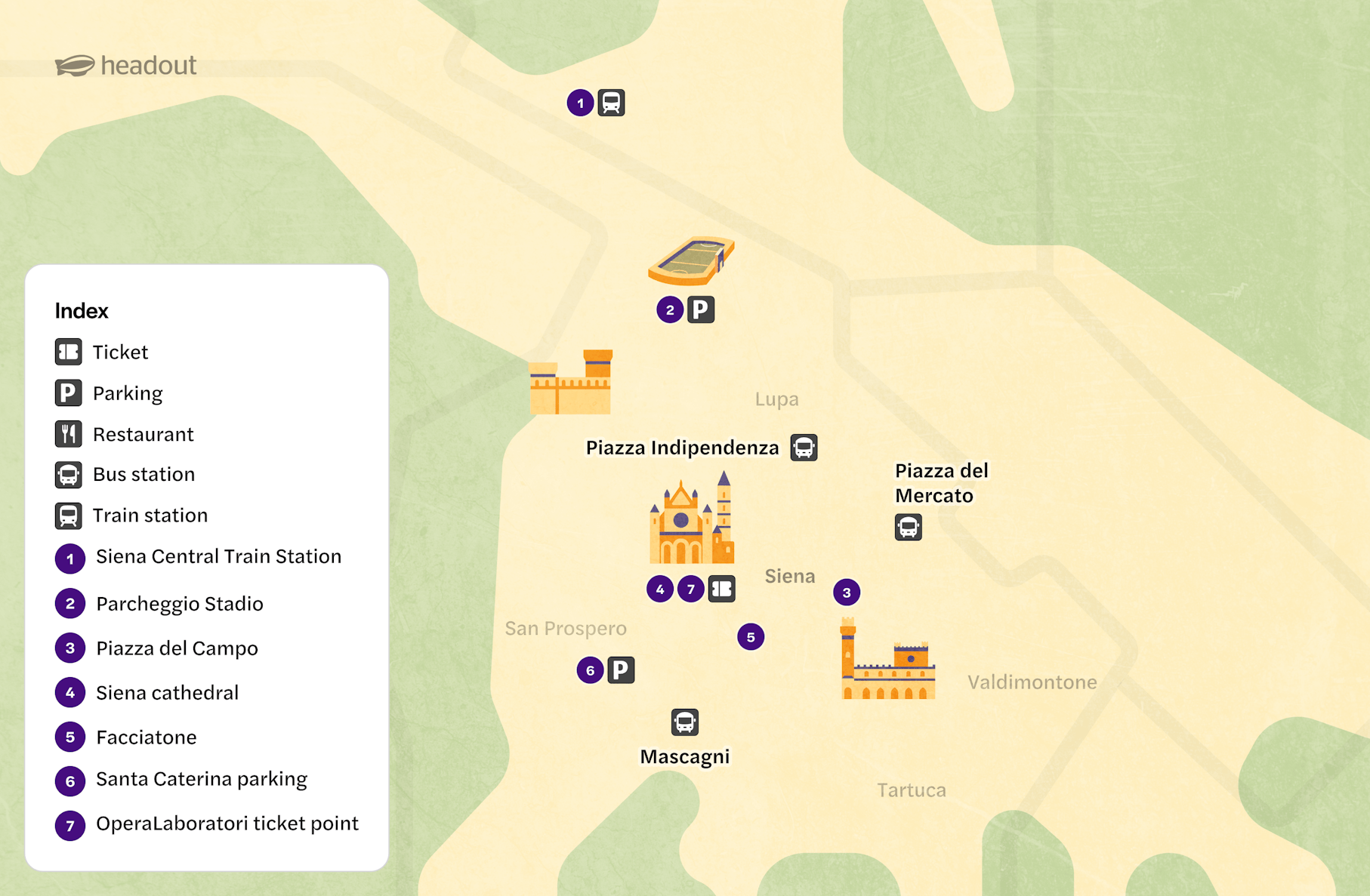 Siena map highlighting key attractions, nearby parking areas, bus stops, and train station for visitors.