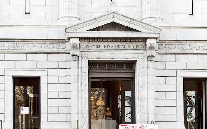 New York Historical Society entrance with ornate architectural details.