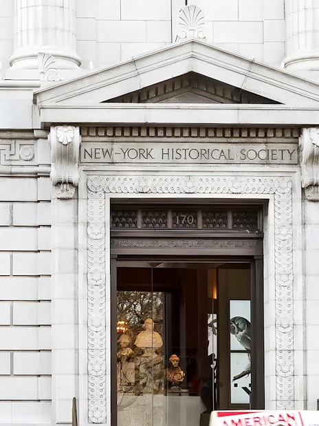 New York Historical Society entrance with ornate architectural details.