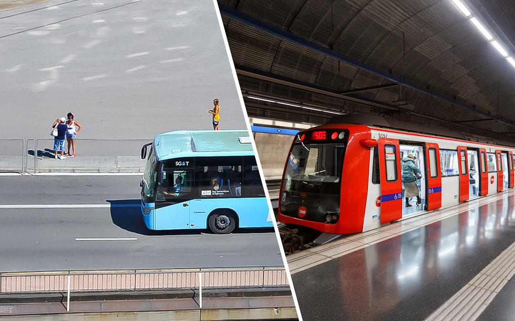 Barcelona airport transfer bus and metro train at station.
