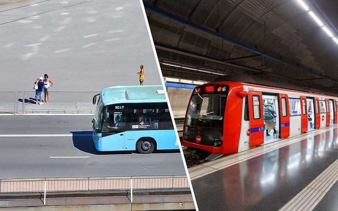 Barcelona airport transfer bus and metro train at station.