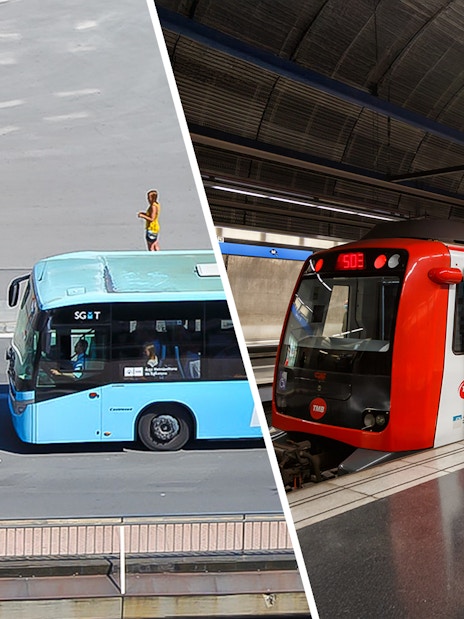 Barcelona airport transfer bus and metro train at station.