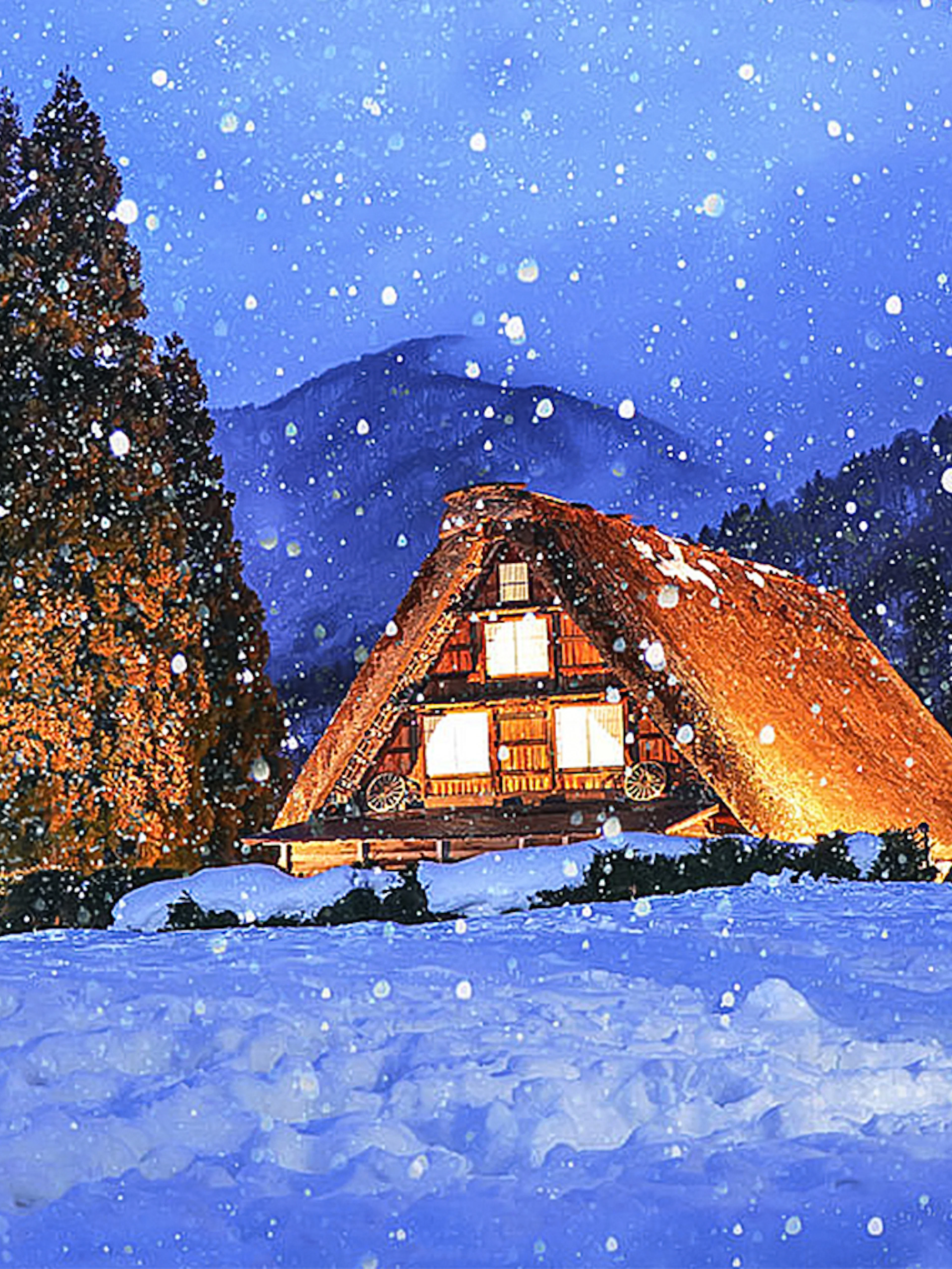 Traditional gassho-zukuri houses in snowy Shirakawa-go village, Japan.