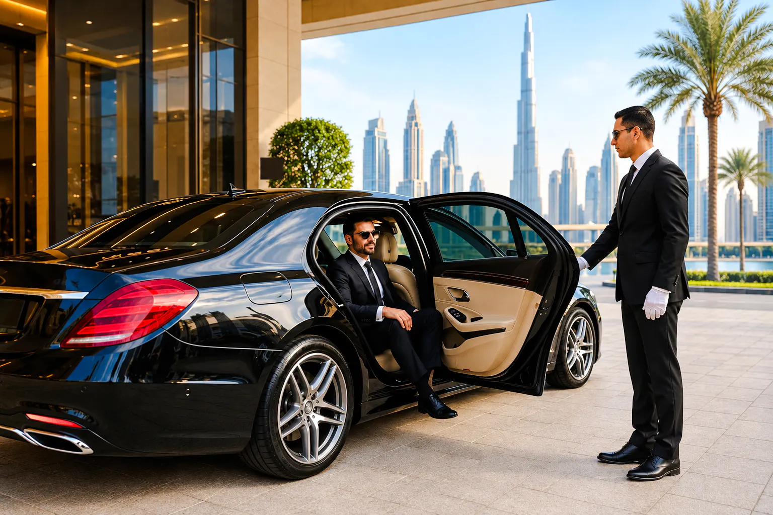 Private car service with driver in Dubai, skyscrapers in background.