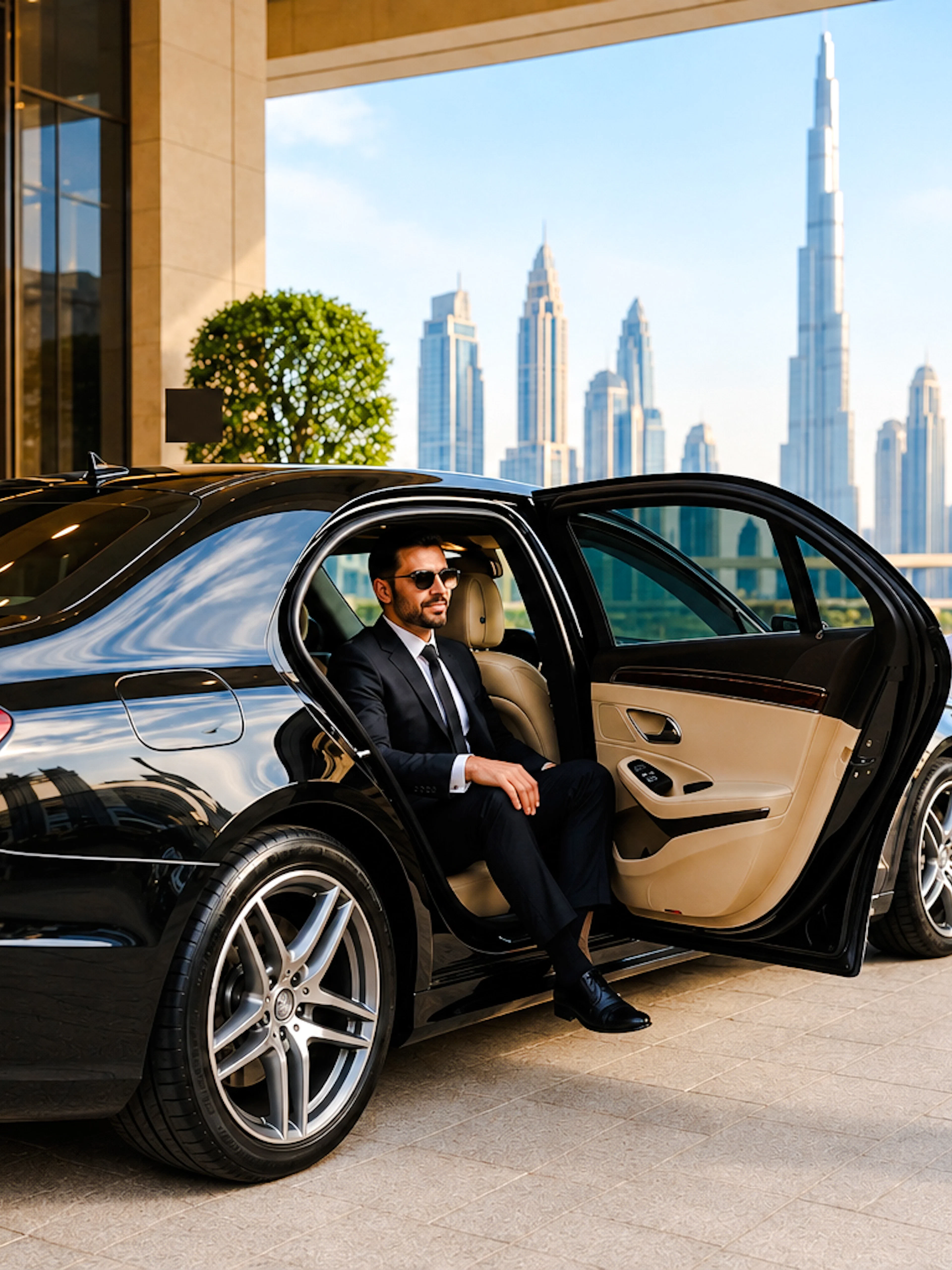 Private car service with driver in Dubai, skyscrapers in background.