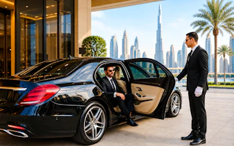 Private car service with driver in Dubai, skyscrapers in background.
