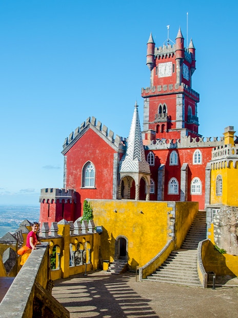 Pena Palace in Sintra, Portugal with colorful architecture and scenic views.