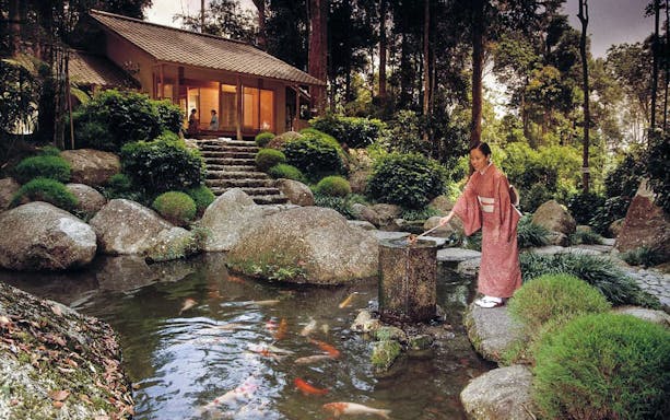Japanese woman in kimono by koi pond in tranquil village garden.