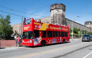Open-top tour bus in front of Eastern State Penitentiary, Philadelphia.