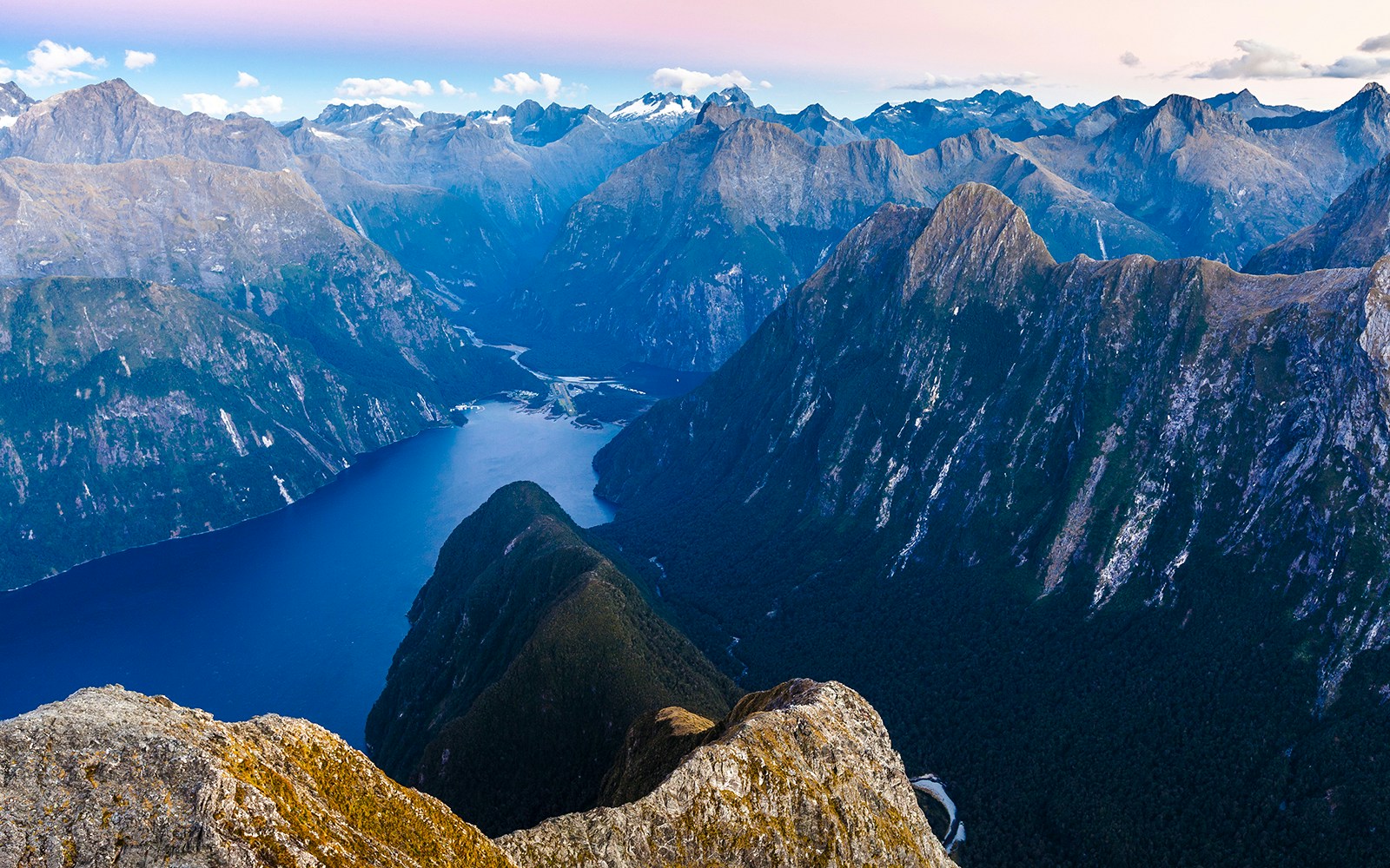Milford Sound Piopiotahi and Darran Mountains from Mitre Peak