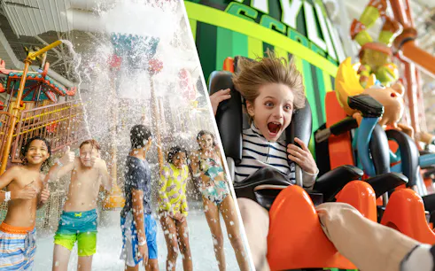 Children enjoying water park attractions and a thrilling ride at DreamWorks Water Park, New Jersey.